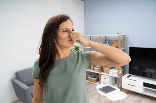 A woman holding her nose because of a bad smell.