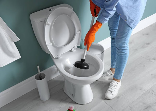 A person with gloves holding a plunger over a toilet.